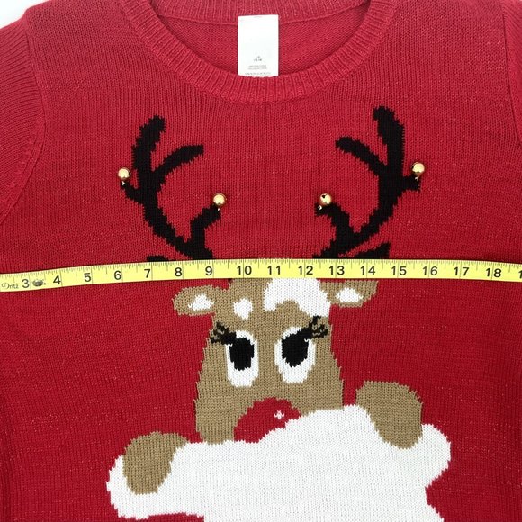 Christmas Ugly Sweater Size L (12-14) Red Reindeer Jingle Pullover Long Sleeve - Picture 5 of 7